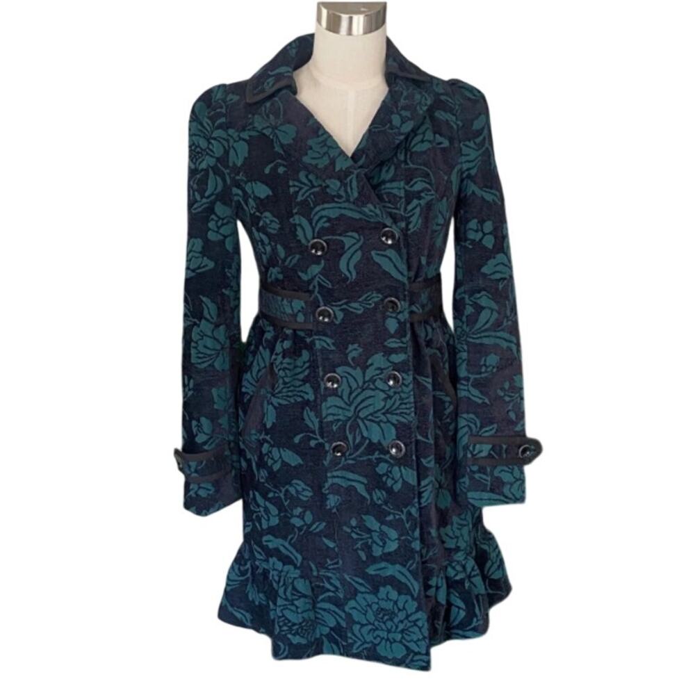 Anthropologie Elevenses Emerald Isle Teal Black Floral Brocade Ruffled Coat 10